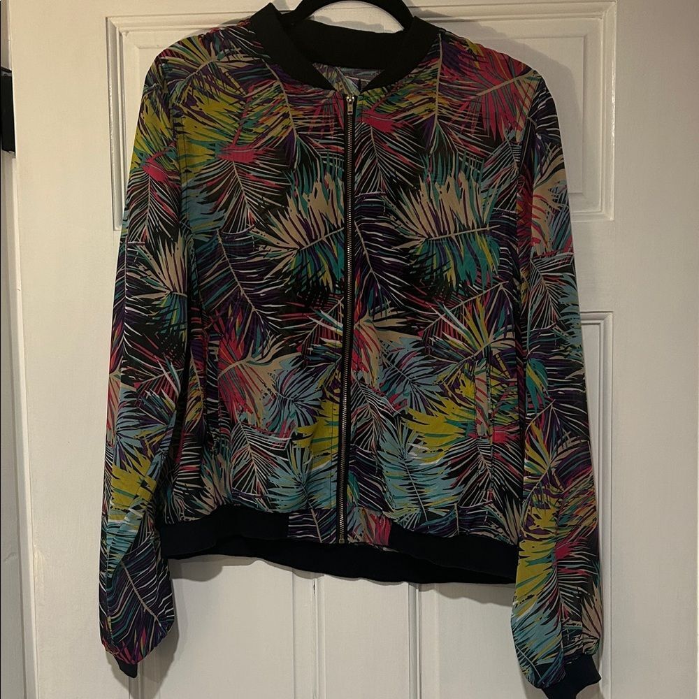 Paper Tee 80s Style Sheer Tropical Print Zip Up Women's Jacket
